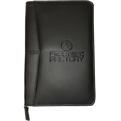 Black leather-look zippered portfolio case with notepad