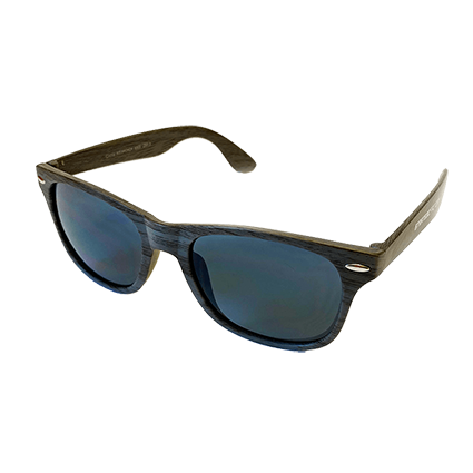 Grey tinted plastic sunglass with a woodgrain pattern and company logo on arms